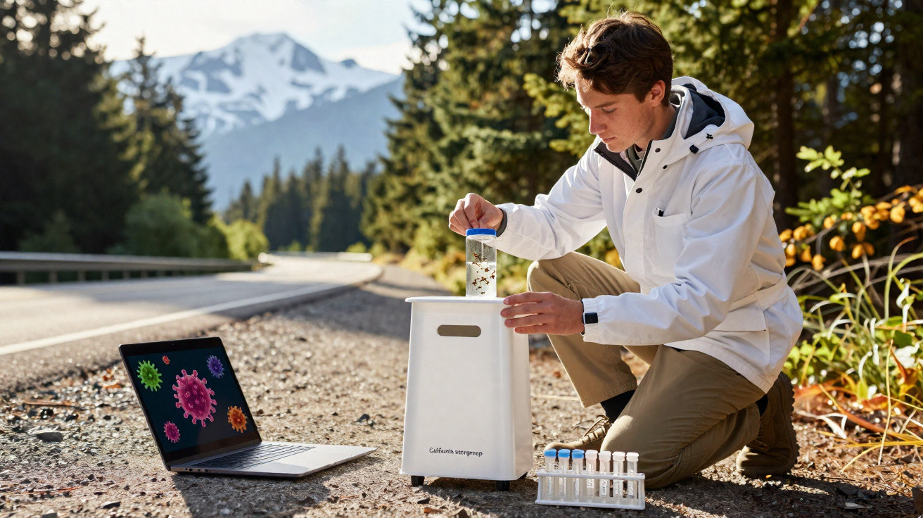 Jovem usando equipamento portátil para análise ambiental próximo a estrada e montanhas nevadas.