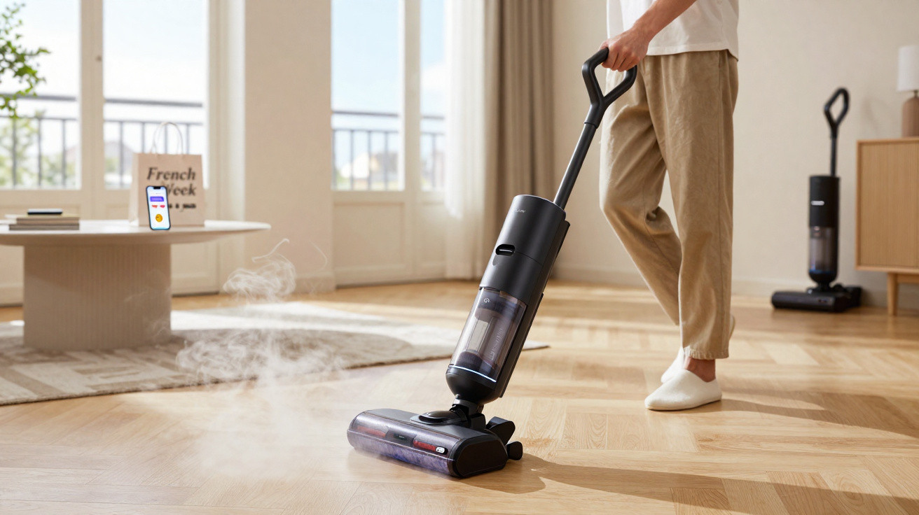 Pessoa utilizando aspirador de pó a vapor para limpar piso de madeira em sala iluminada.