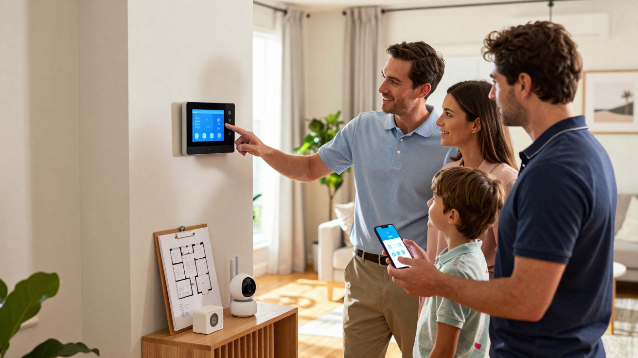 Família ajustando configurações de sistema de casa inteligente em painel na parede de sala iluminada.