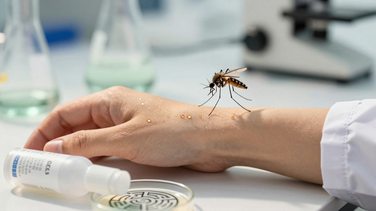 Mão com gotas de líquido e mosquito pousado, com frascos e placa de petri ao fundo em laboratório.