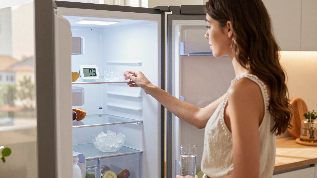Mulher pega copo no refrigerador aberto com cubos de gelo e vidro d'água na mão na cozinha.