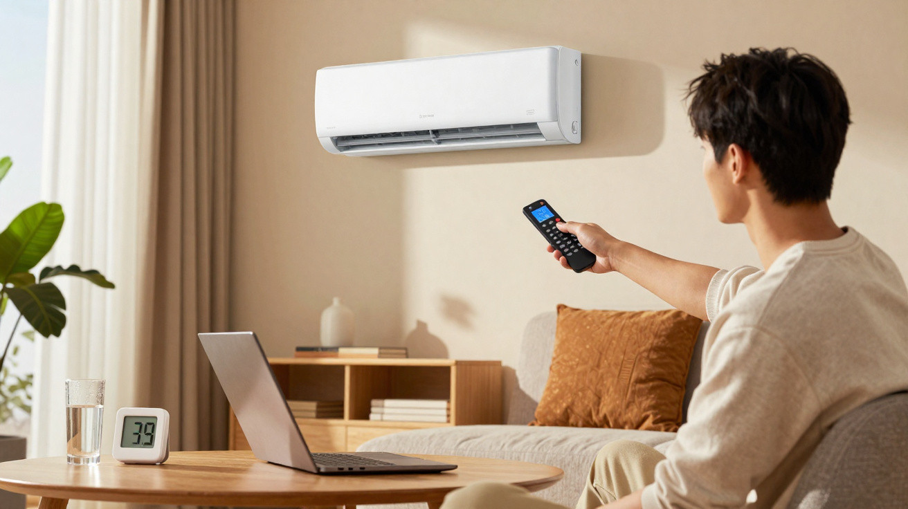 Pessoa usando controle remoto para ligar ar-condicionado em sala com laptop e termômetro marcando 39°C.