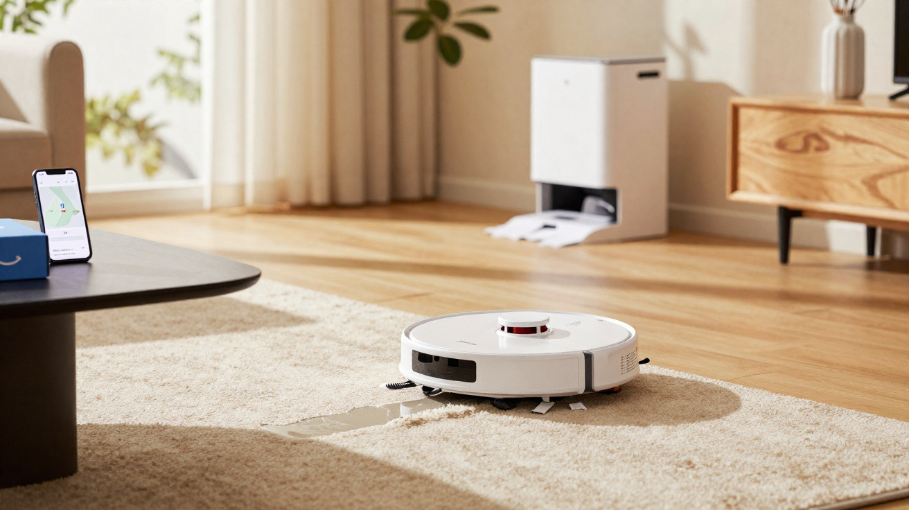 Robô aspirador branco limpando carpet no chão da sala com base de carregamento ao fundo.