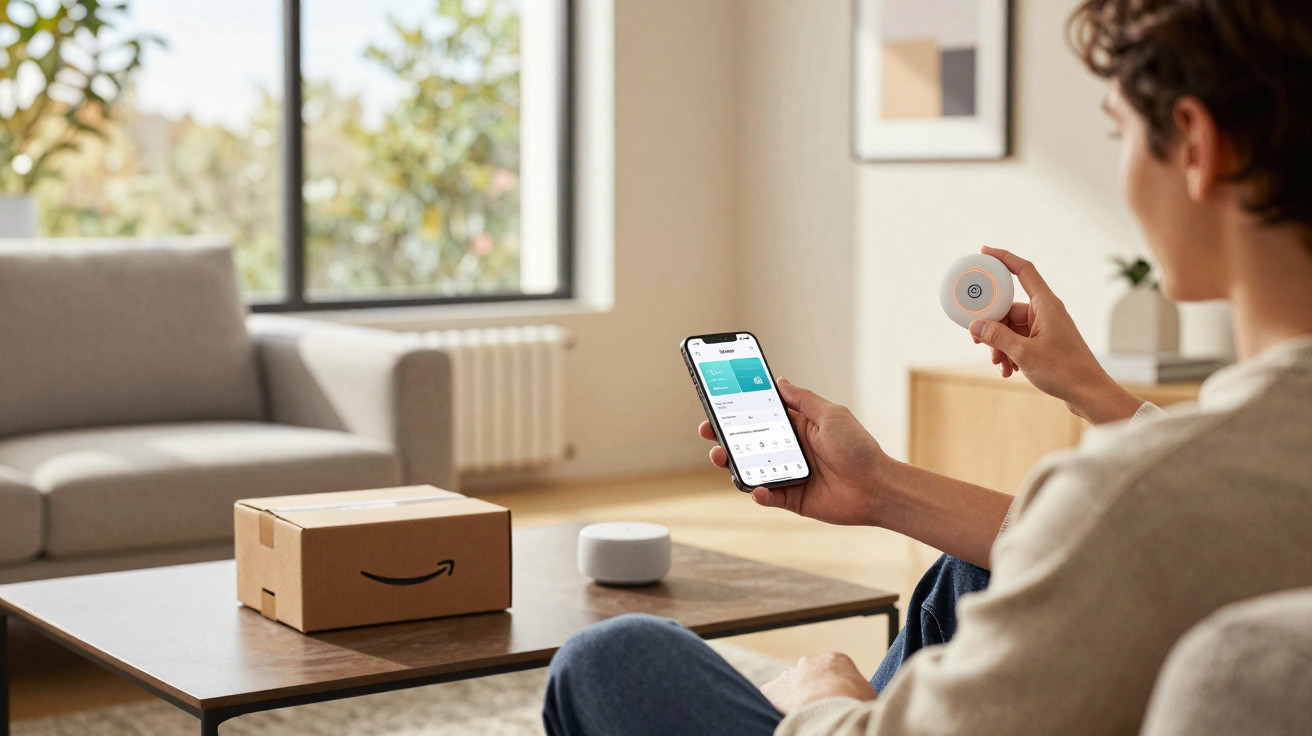 Pessoa usando aplicativo em smartphone para controlar dispositivo inteligente em sala de estar moderna.