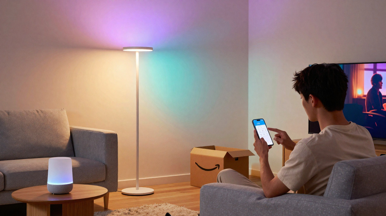 Jovem sentado no sofá controlando lâmpada colorida de piso via smartphone em sala moderna e iluminada.