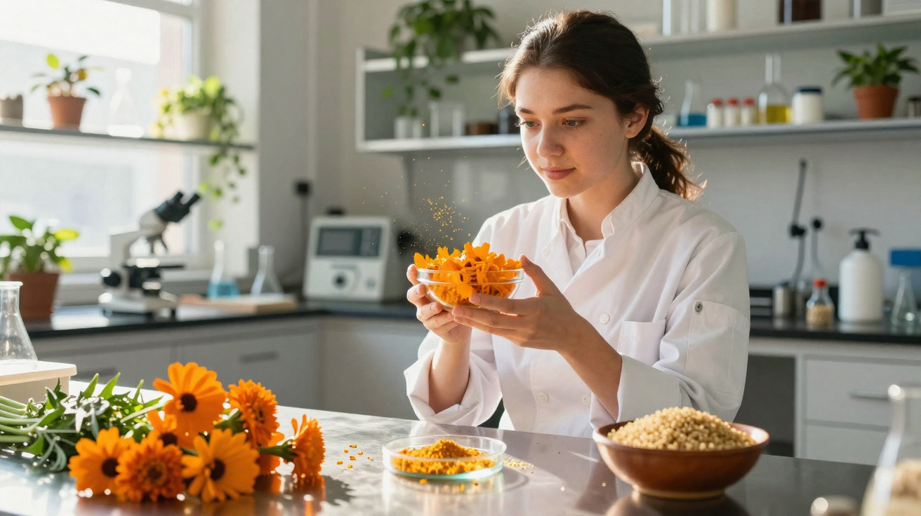 Mulher cientista em laboratório analisando flores alaranjadas para pesquisa científica.