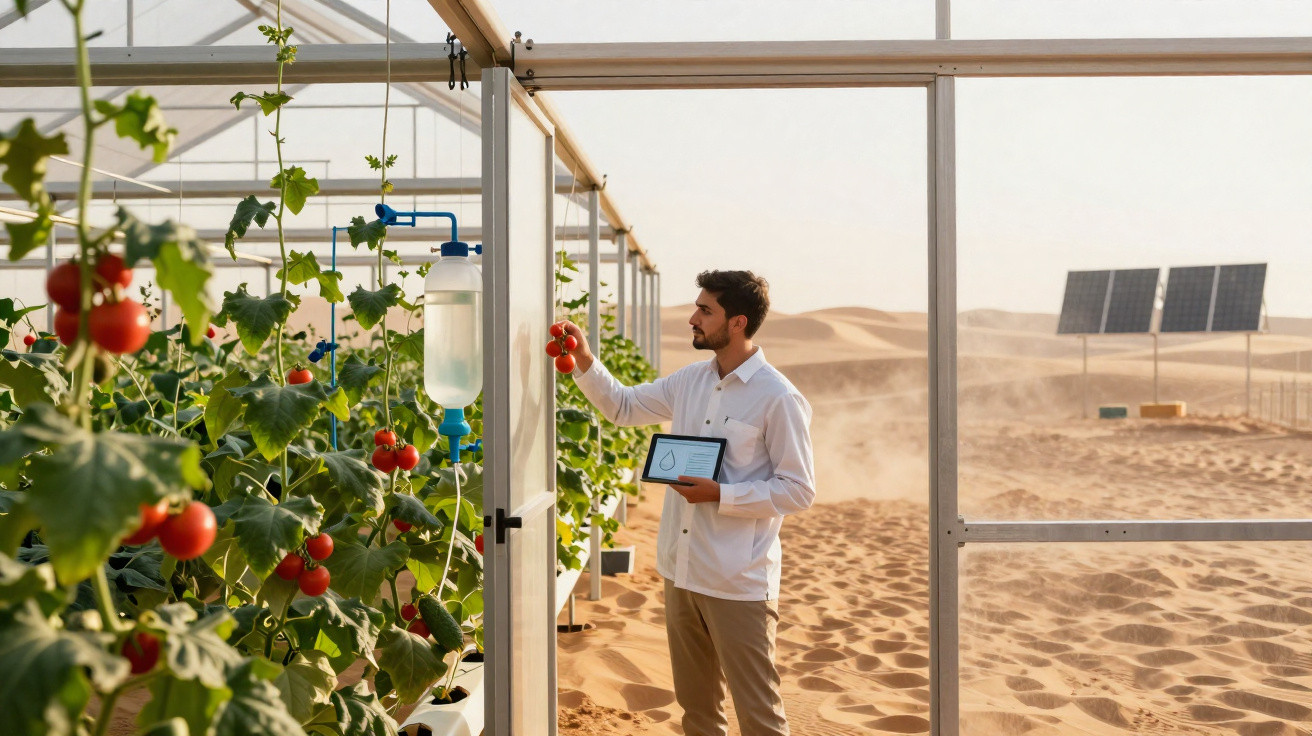 Homem analisa tomates em estufa no deserto com painéis solares ao fundo e tablet na mão.