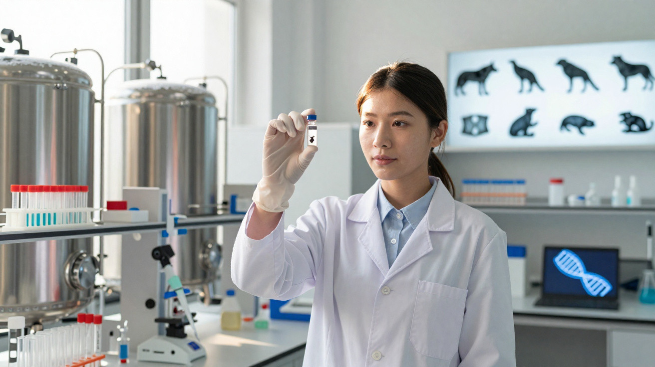 Cientista em laboratório segurando amostra com símbolo de animal para estudo genético.