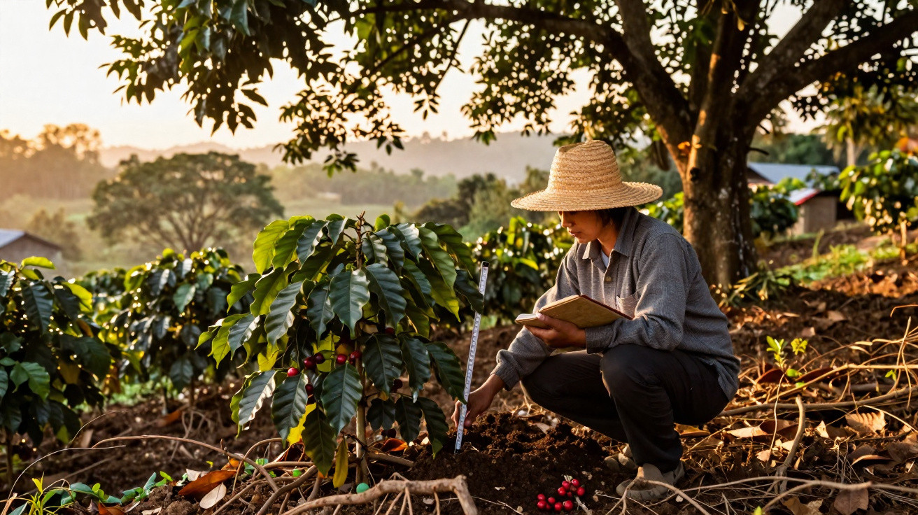 Agricultor com chapéu medindo planta de café em cafézal ao entardecer enquanto segura um caderno.