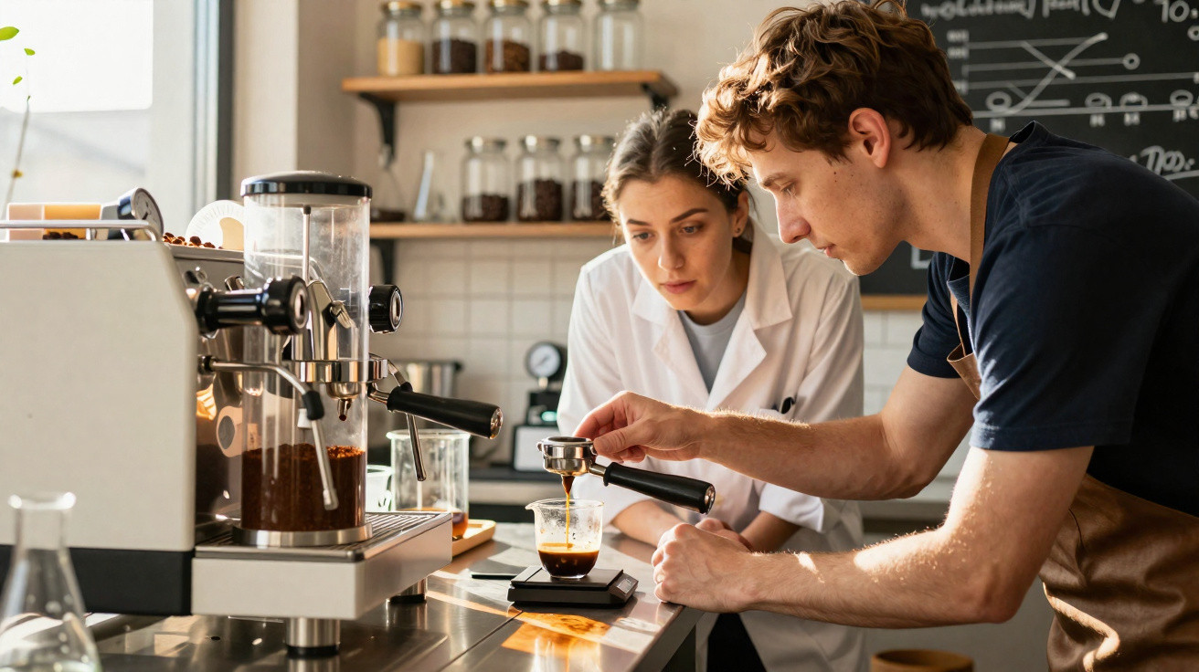 Barista preparando café espresso em máquina profissional enquanto mulher observa atentamente em cafeteria.