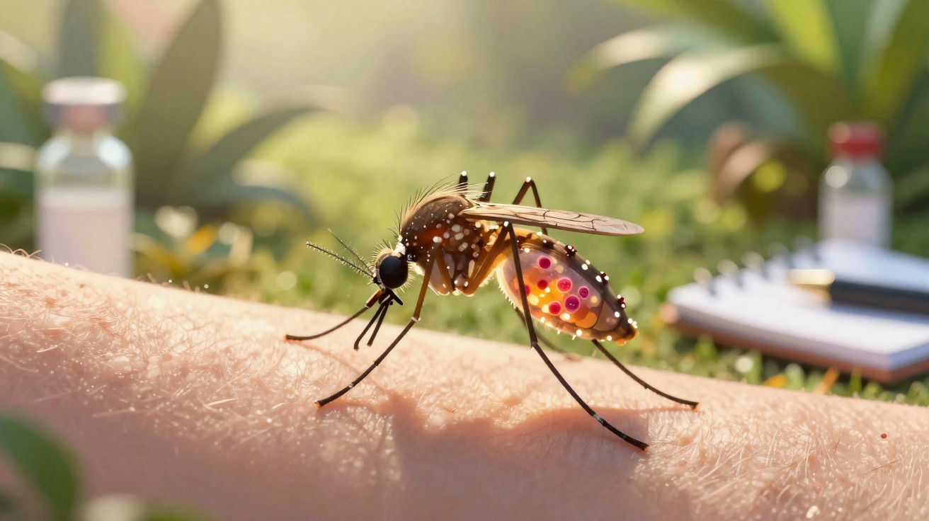 Mosquito transmitindo doenças suga sangue de braço humano em ambiente externo com frascos desfocados ao fundo.