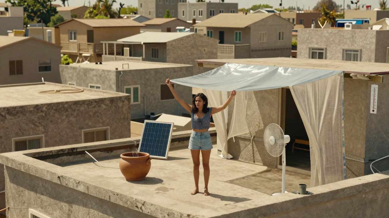 Mulher jovem segura toldo branco em telhado com vaso, painel solar e ventilador. Casas ao fundo.