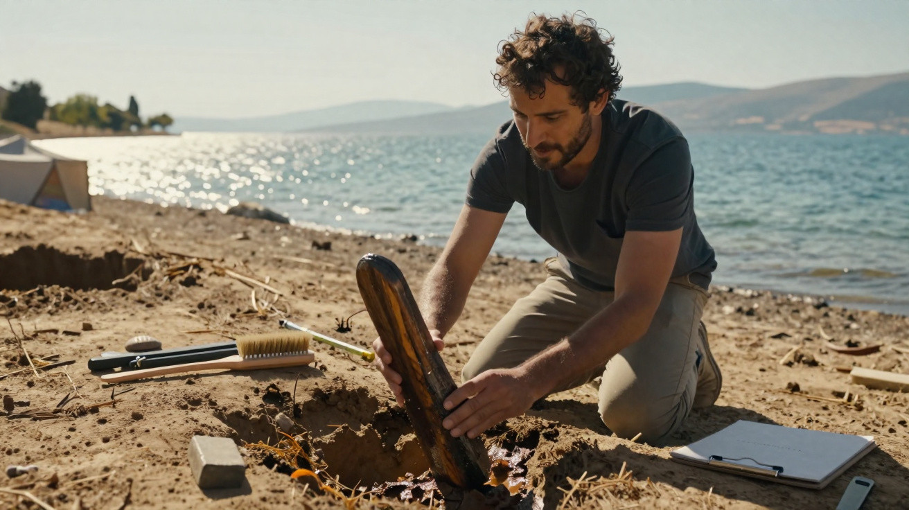 Homem em uma praia escavando com instrumentos arqueológicos contato um objeto antigo no solo.