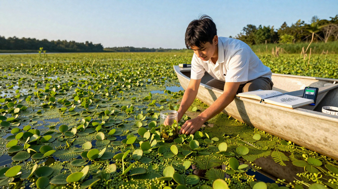 Homem em barco coleta plantas aquáticas em corpo de água com vegetação densa ao amanhecer.