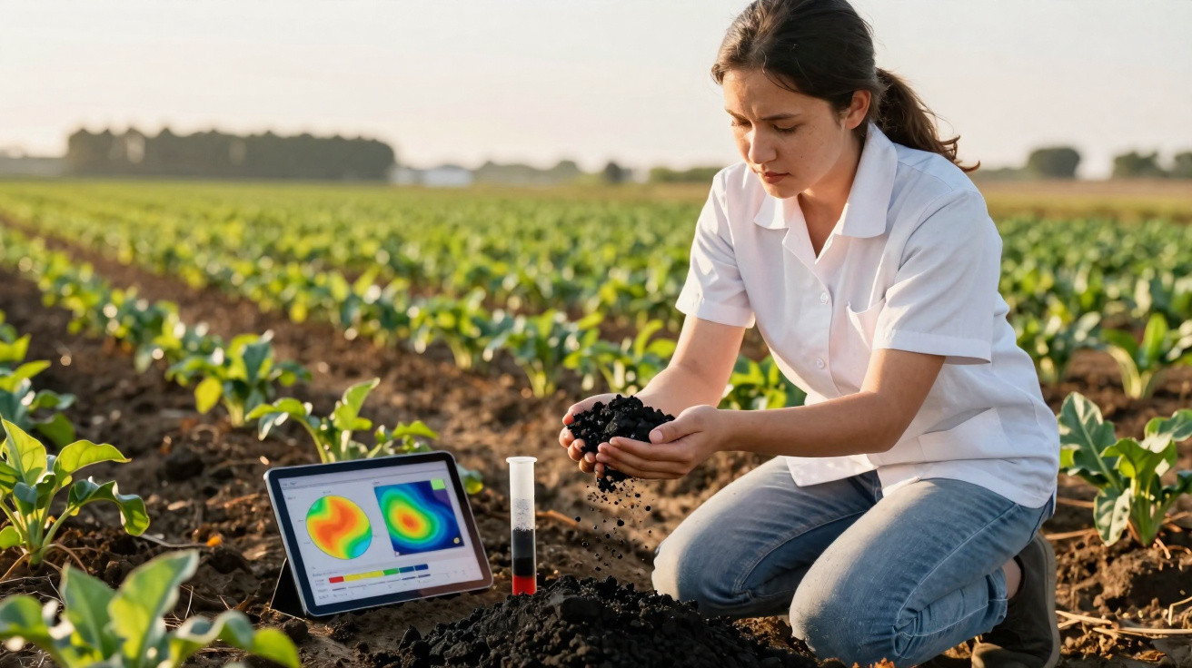 Mulher analisando solo em plantação com tablet mostrando dados de umidade e nutrientes.