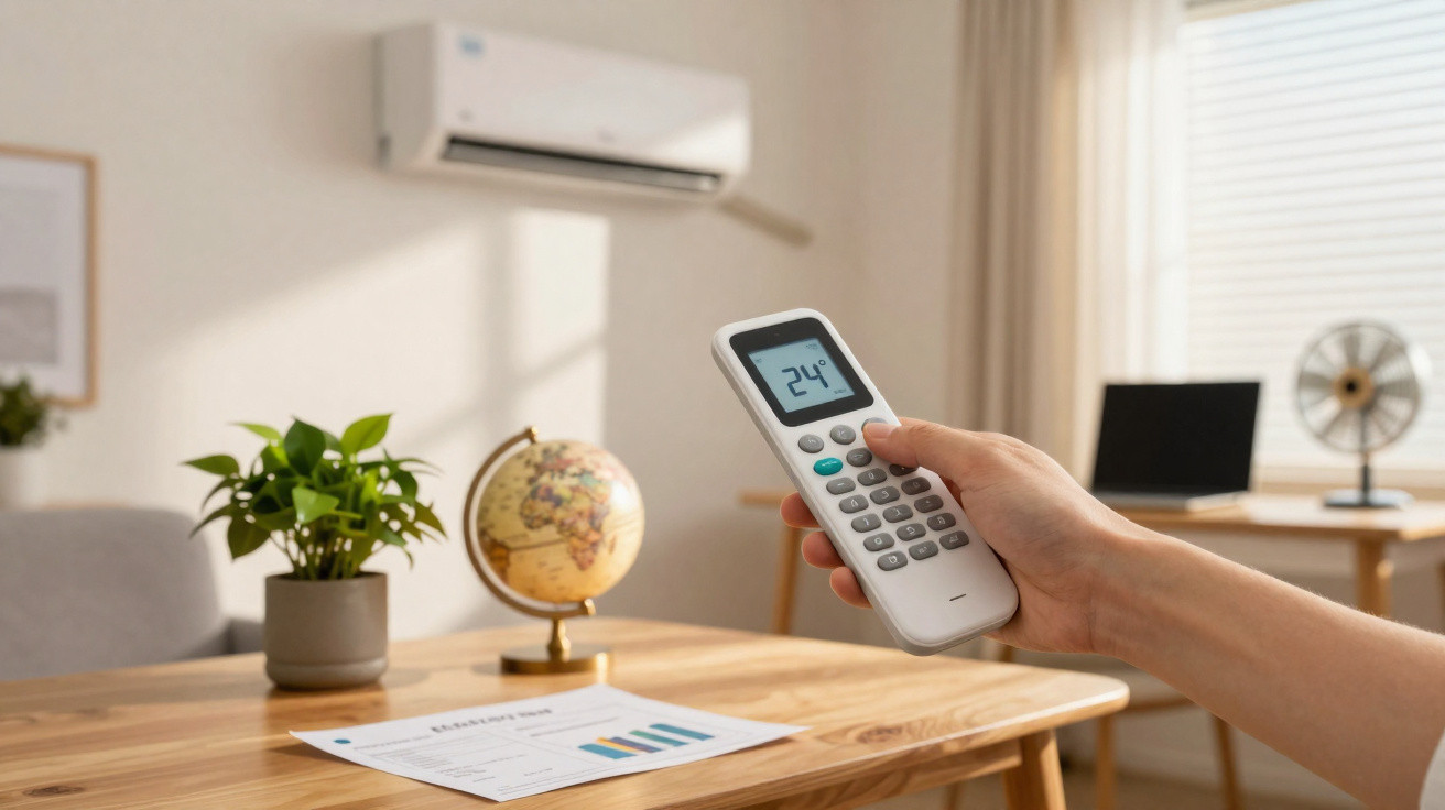 Mão segurando controle remoto apontado para ar condicionado ajustado a 24 graus em ambiente de escritório.