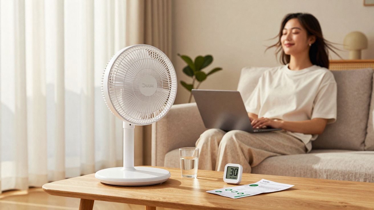 Ventilador branco em mesa de madeira com mulher relaxando no sofá ao fundo.