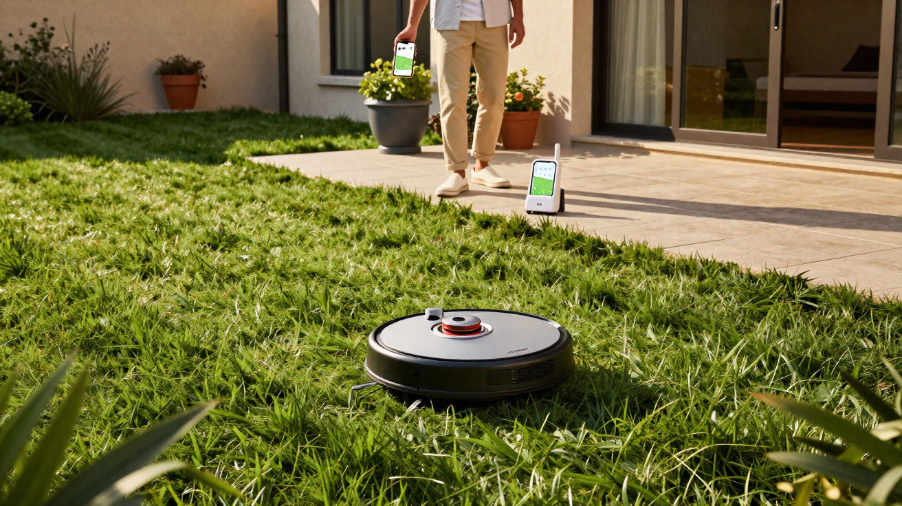 Robô cortador de grama autônomo em jardim com pessoa controlando pelo celular.