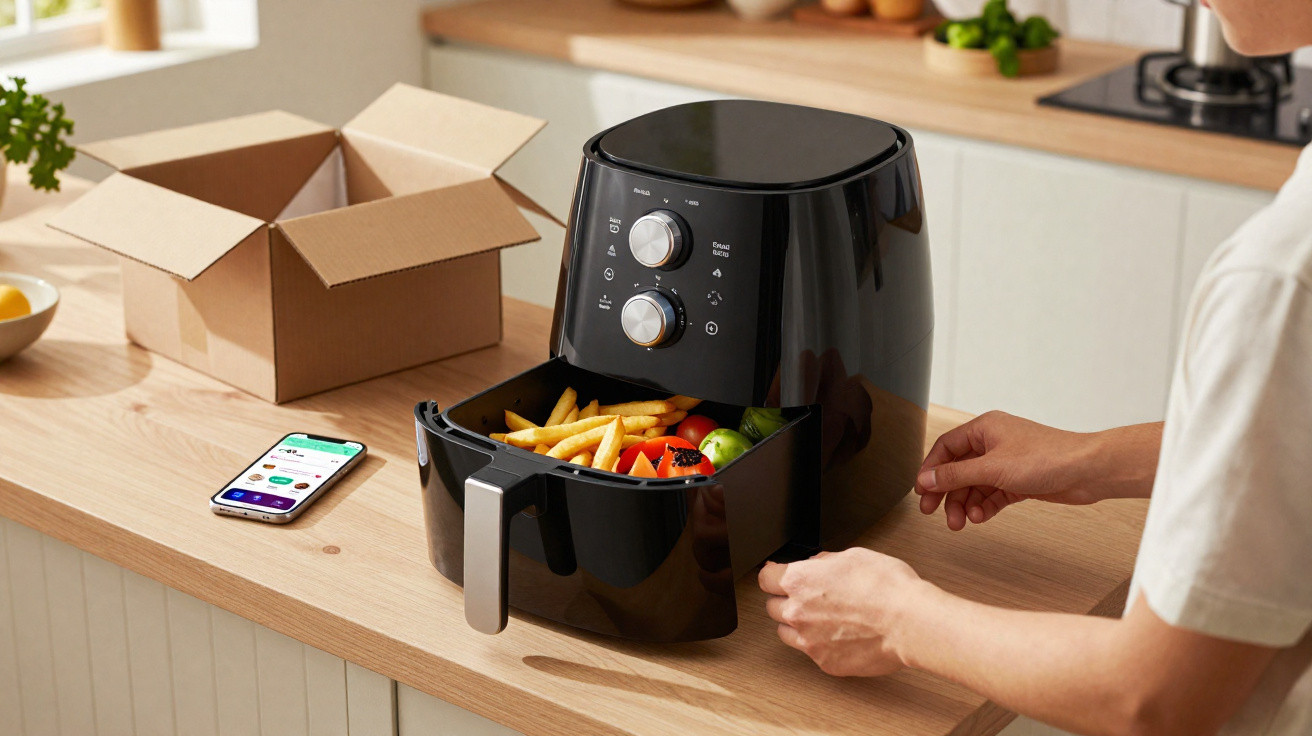 Pessoa usando fritadeira elétrica preta com batatas fritas e legumes na cozinha clara, com celular e caixa de papelão na banc