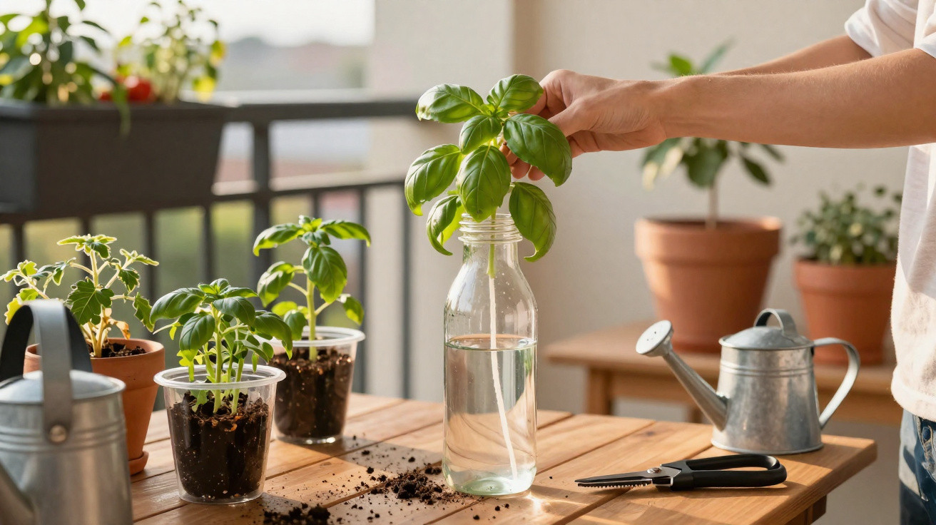 Pessoa cuidando de plantas em vaso na varanda, com regador, tesoura de poda e vidros com mudas.