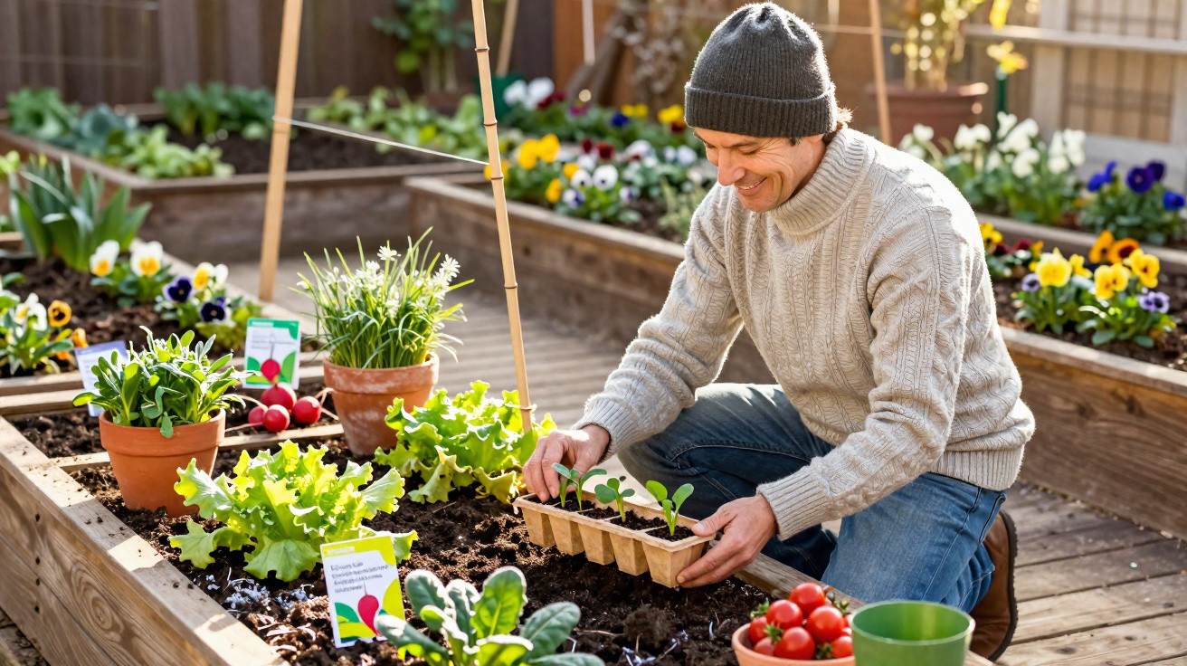 Homem sorridente plantando mudas em horta caseira com vasos e legumes ao redor.