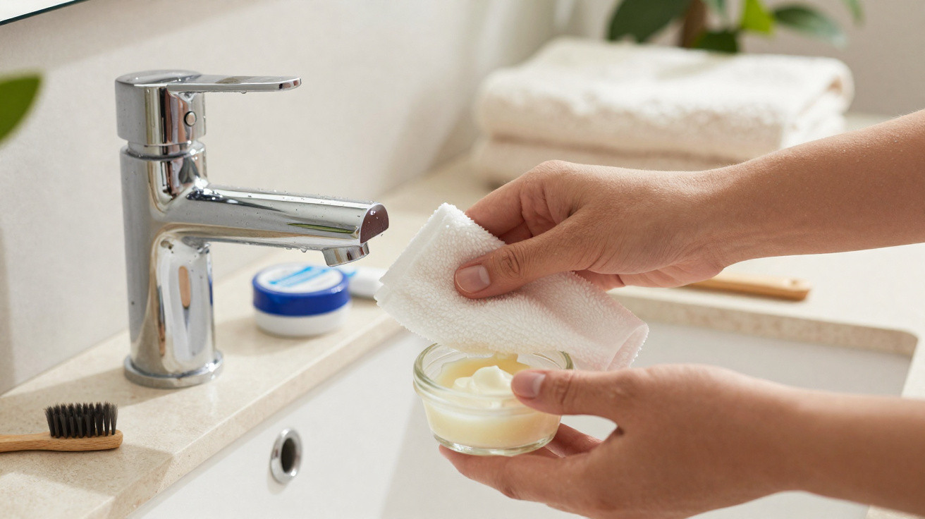 Mãos seguram recipiente com creme e limpam com toalha branca ao lado de pia com escova e pote de creme.