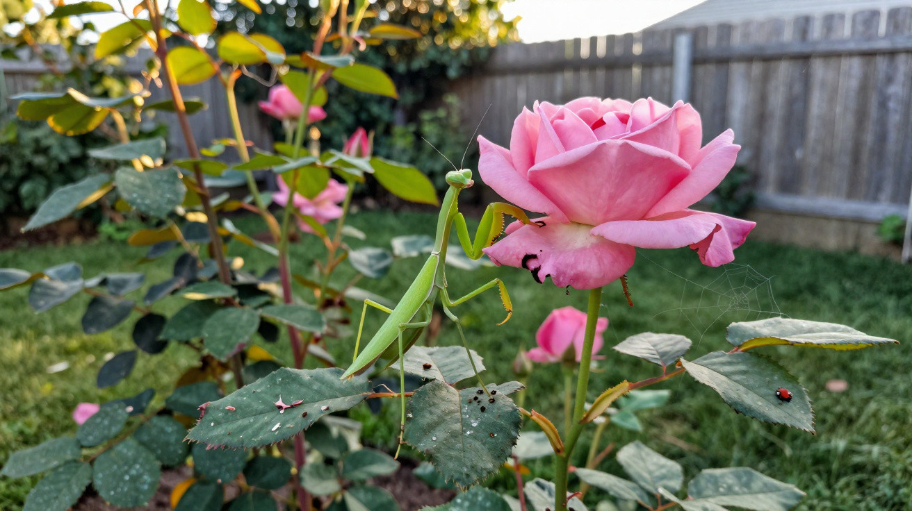 Louva-a-deus verde em rosa rosa em jardim com folhas e joaninha ao fundo.