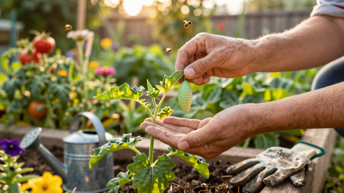 Mãos segurando uma crisálida verde pendurada em planta de jardim com flores e abelhas voando ao fundo.