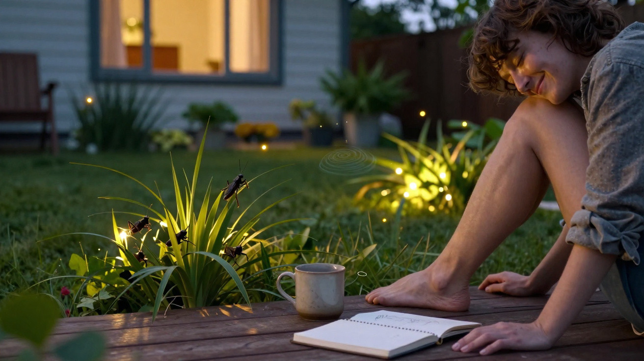 Pessoa sentada no chão do jardim à noite com caderno, xícara e vaga-lumes iluminando as plantas.