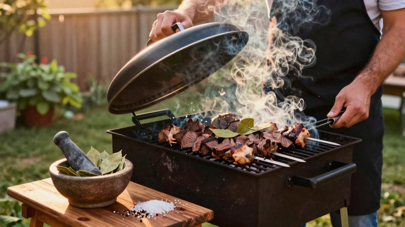 Pessoa abrindo a tampa de churrasqueira com espetos de carne e folhas temperando a grelha ao ar livre.