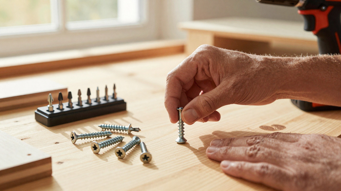 Mãos segurando parafuso sobre mesa de madeira com parafusos e bits de furadeira ao fundo.