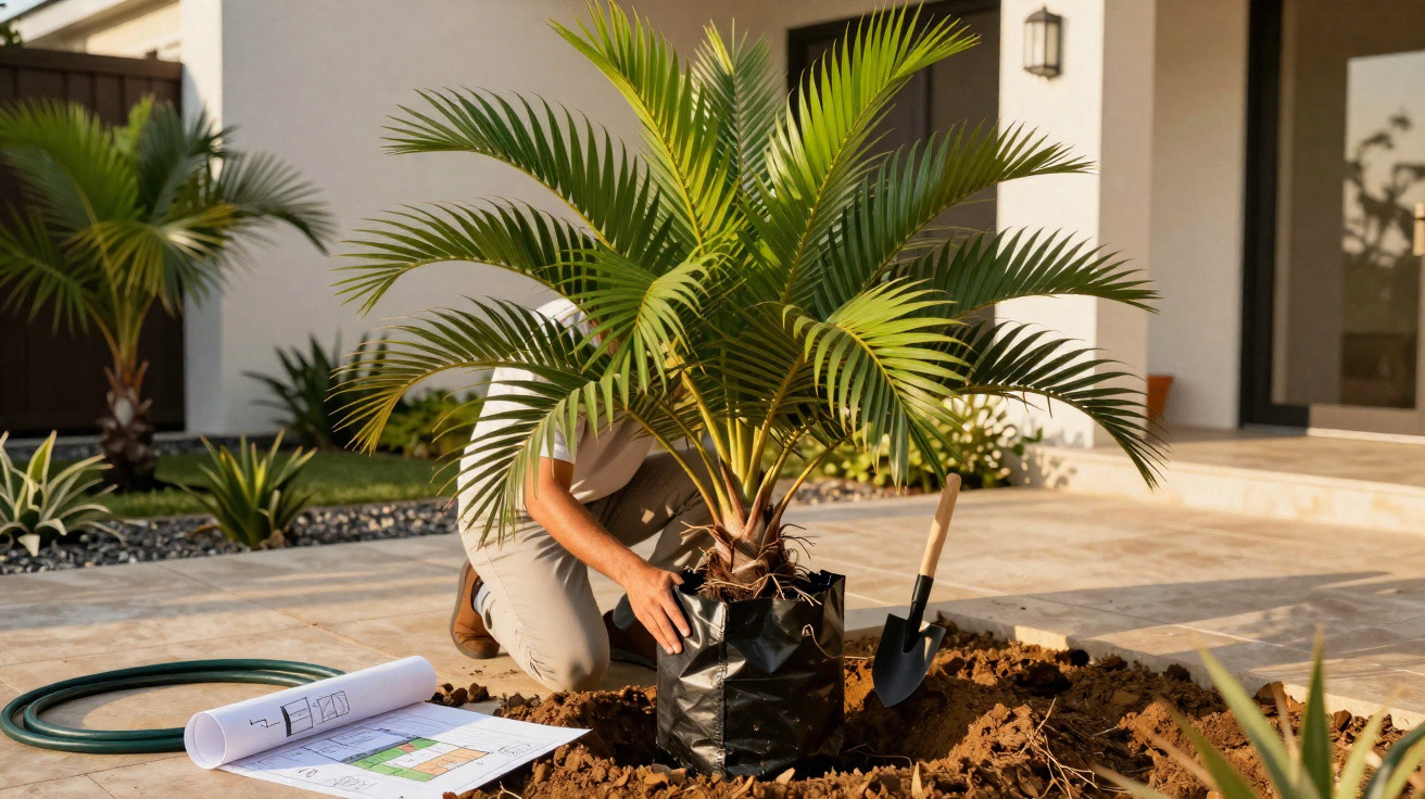 Pessoa plantando uma muda de palmeira em jardim perto de casa, com ferramentas e projeto no chão.