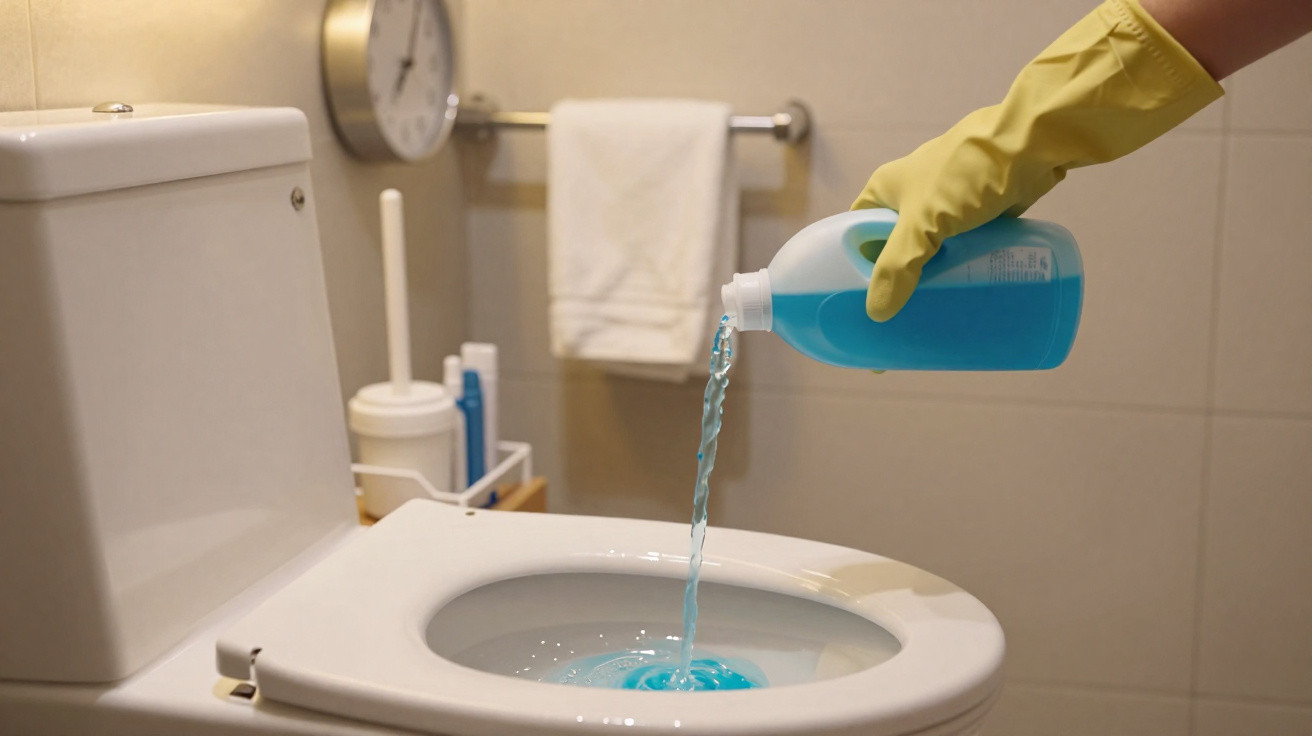 Mão com luva amarela despejando limpador azul dentro da privada em banheiro branco.