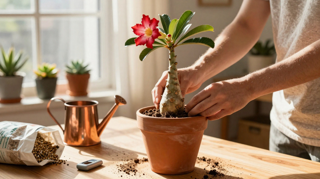 Pessoa cuidando de planta com flor vermelha em vaso de cerâmica sobre mesa de madeira, ao lado regador e terra.