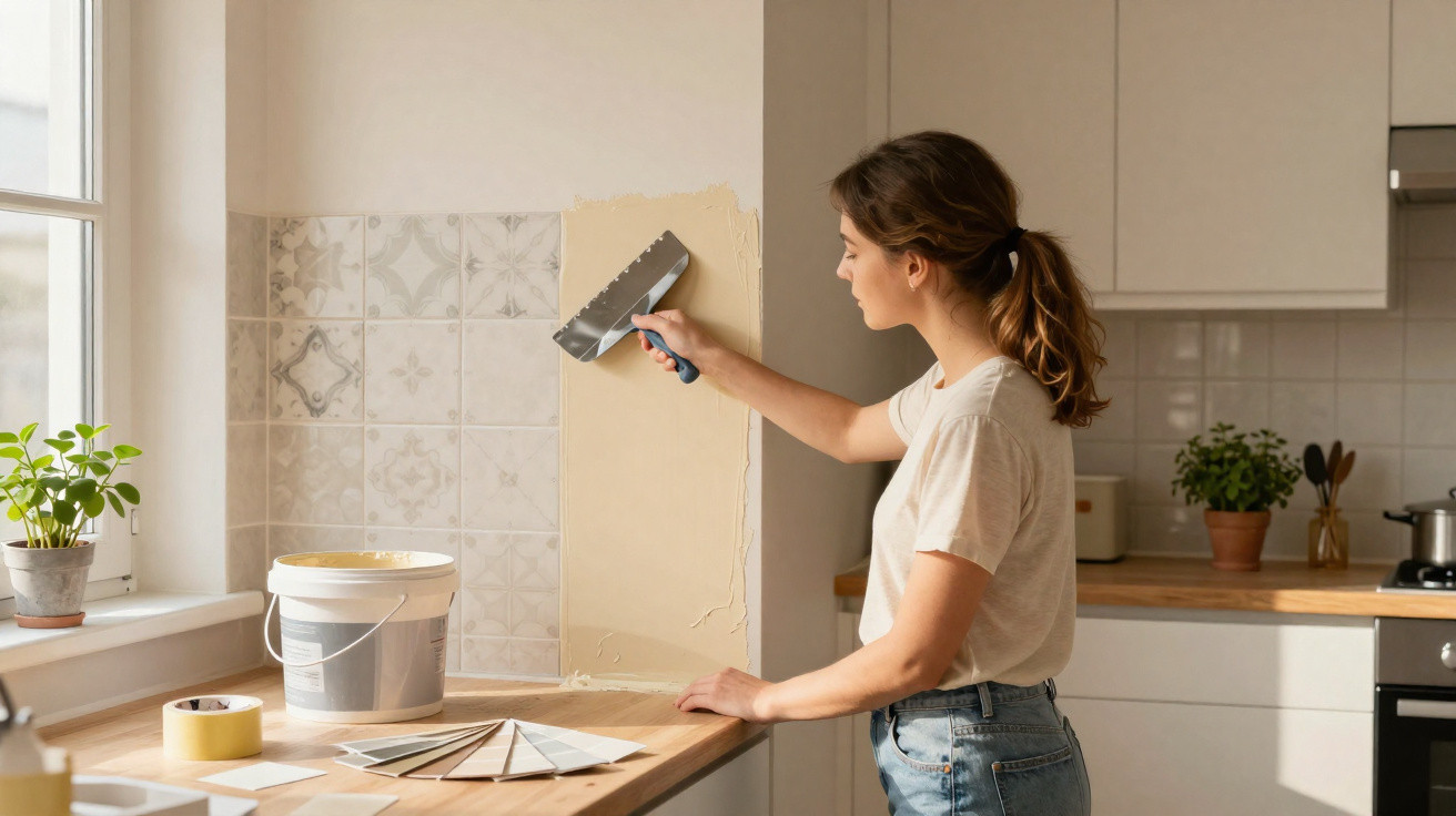 Mulher aplicando massa corrida em parede de cozinha para preparar pintura.