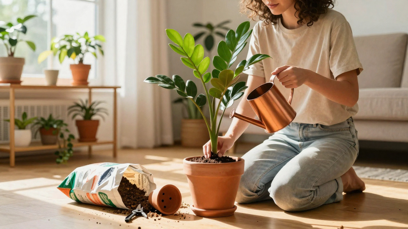 Mulher regando planta em vaso de cerâmica dentro de casa, com terra e regador ao redor.