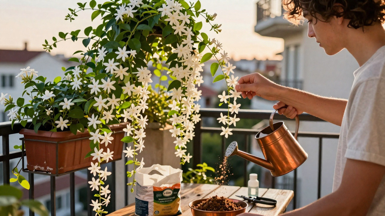 Pessoa regando plantas brancas em varanda durante o pôr do sol com regador de metal cobre.