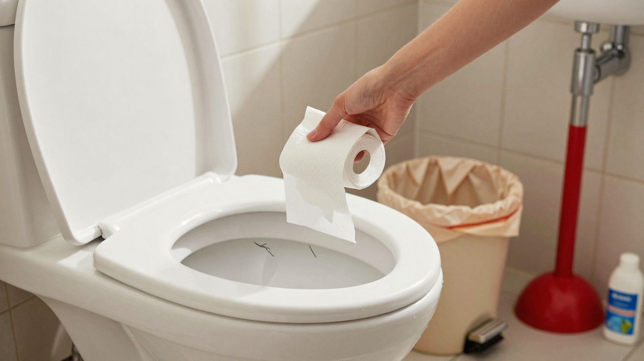 Mão segurando papel higiênico sobre vaso sanitário branco com tampa levantada em banheiro.