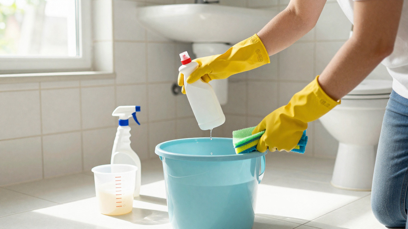 Pessoa com luvas amarelas segurando frasco de limpador e pano, próximo a balde azul em banheiro claro.