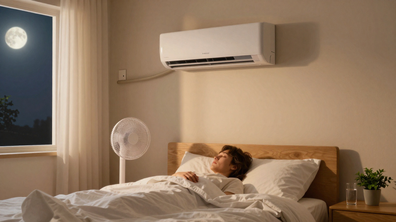 Pessoa dormindo em cama com ar-condicionado, ventilador e lua cheia visível pela janela à noite.