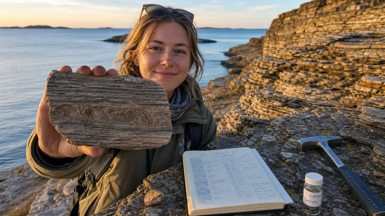 Mulher segurando fóssil em pedra na beira do mar com caderno, martelo geológico e frasco.