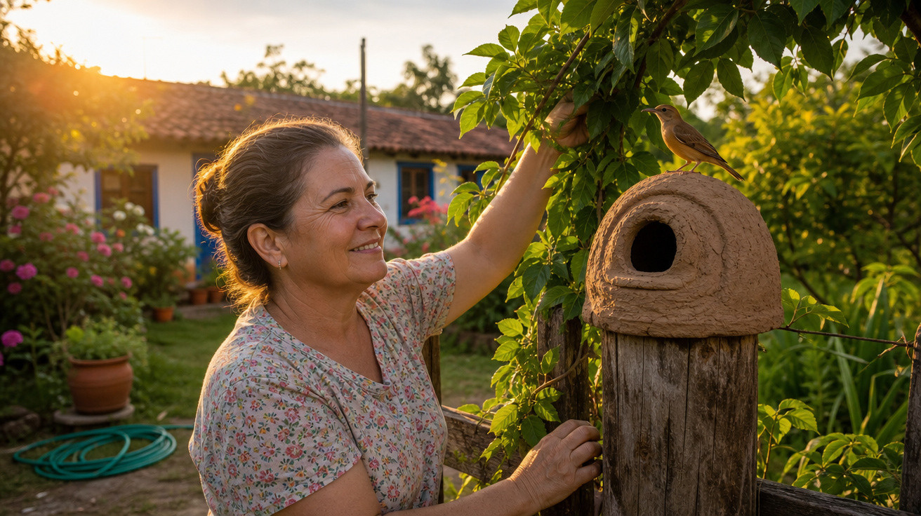 Mulher sorrindo cuida de planta próxima a casa, com pássaro em casa de passarinho ao entardecer.