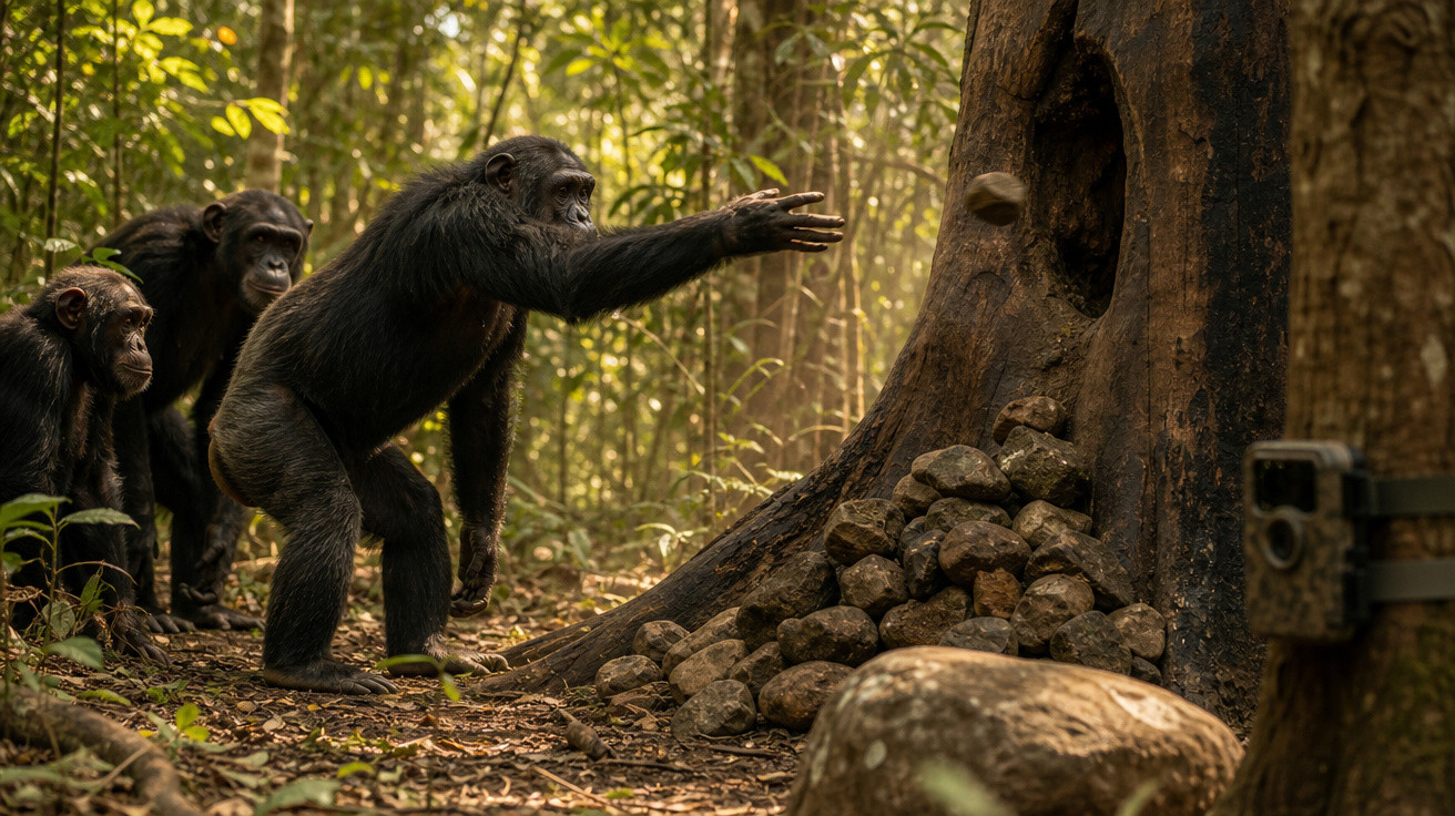 Três chimpanzés em floresta, um deles estica o braço para uma árvore com pedras na base.