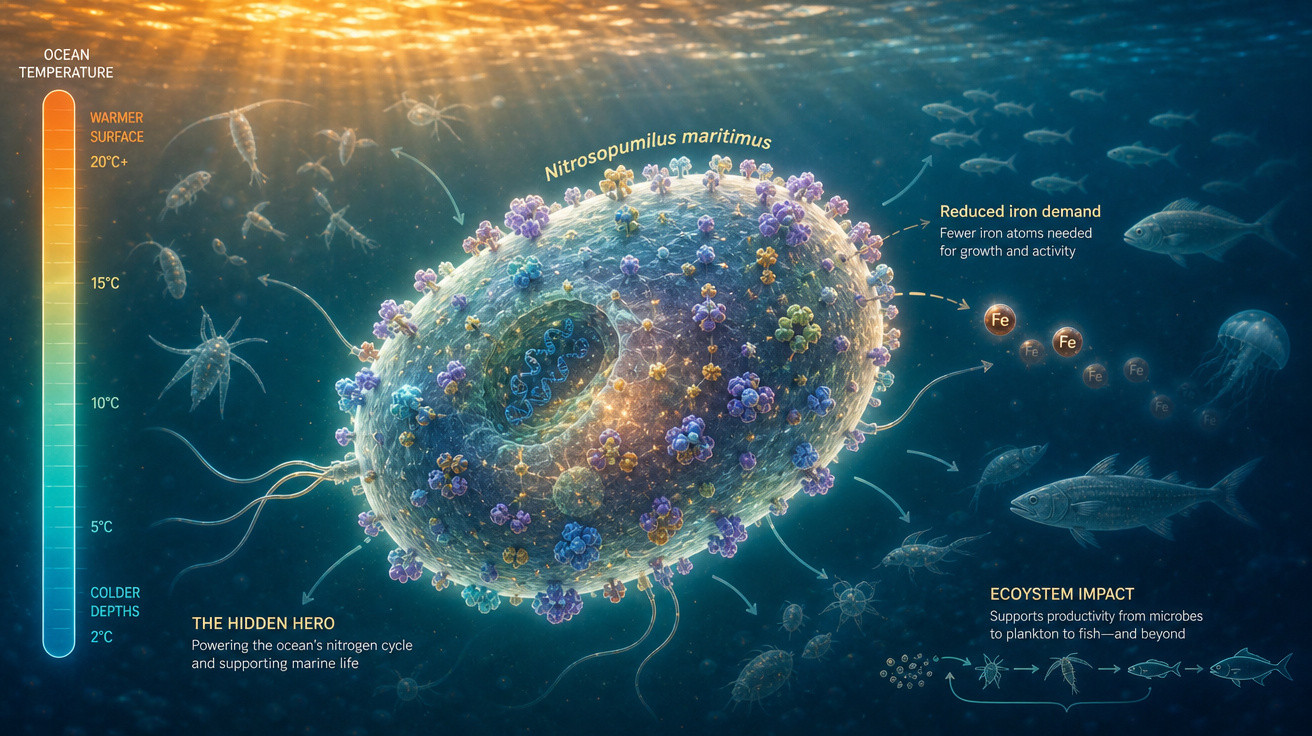 Ilustração detalhada da bactéria Nitrosopumilus maritimus no oceano com temperatura e impactos ecológicos.
