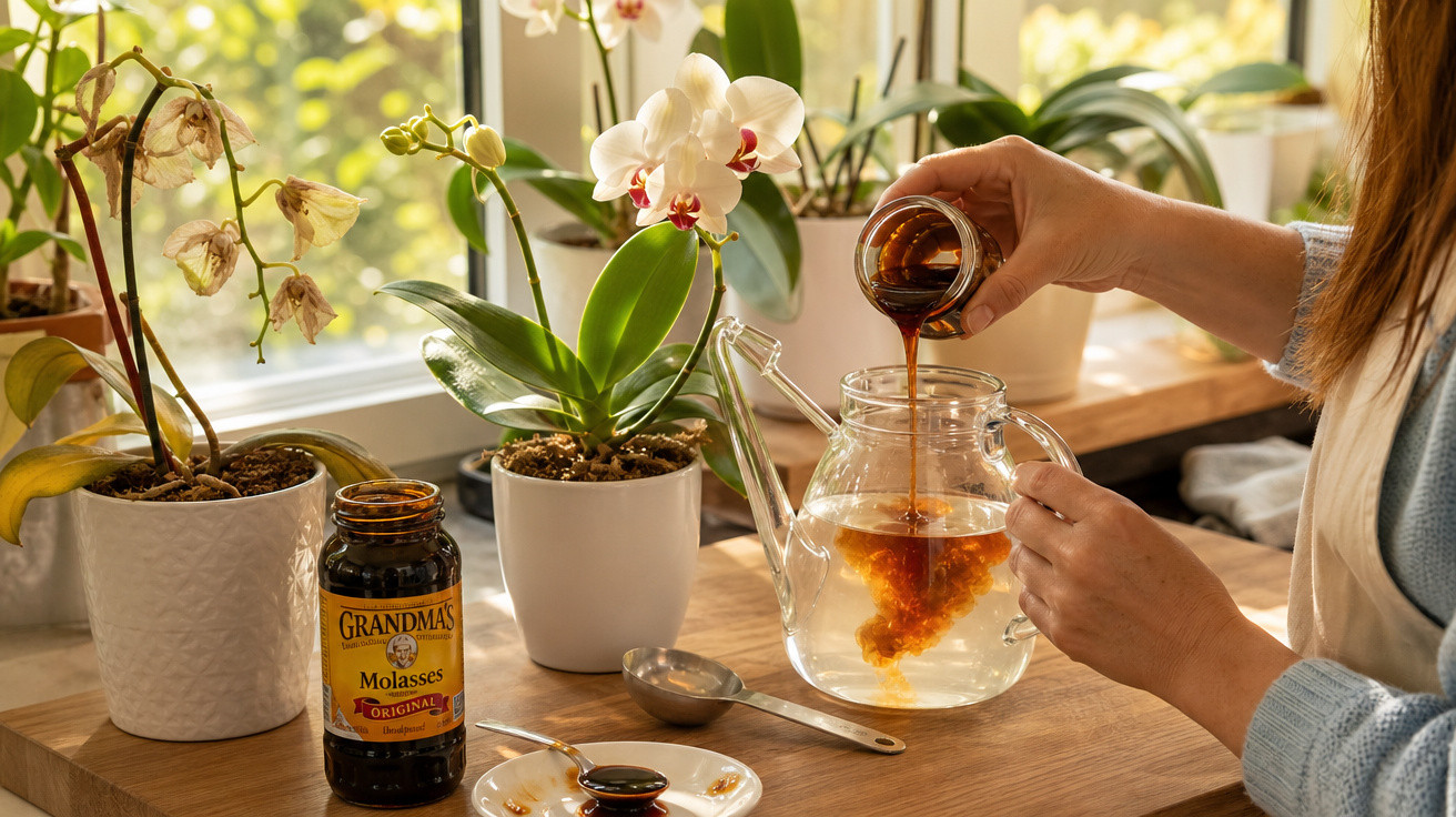 Pessoa despejando melaço em jarra com água ao lado de orquídeas em vaso na bancada de cozinha.