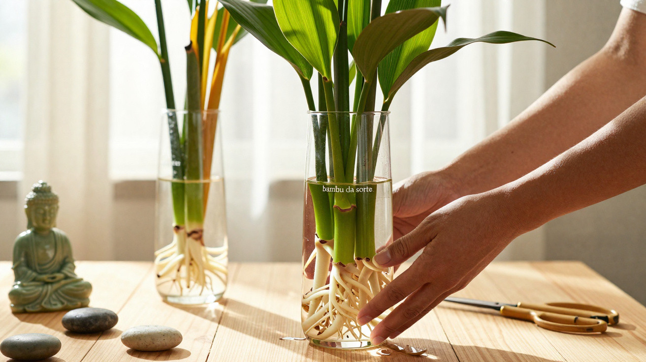 Mãos segurando vaso com bambu da sorte em mesa de madeira iluminada por luz natural.