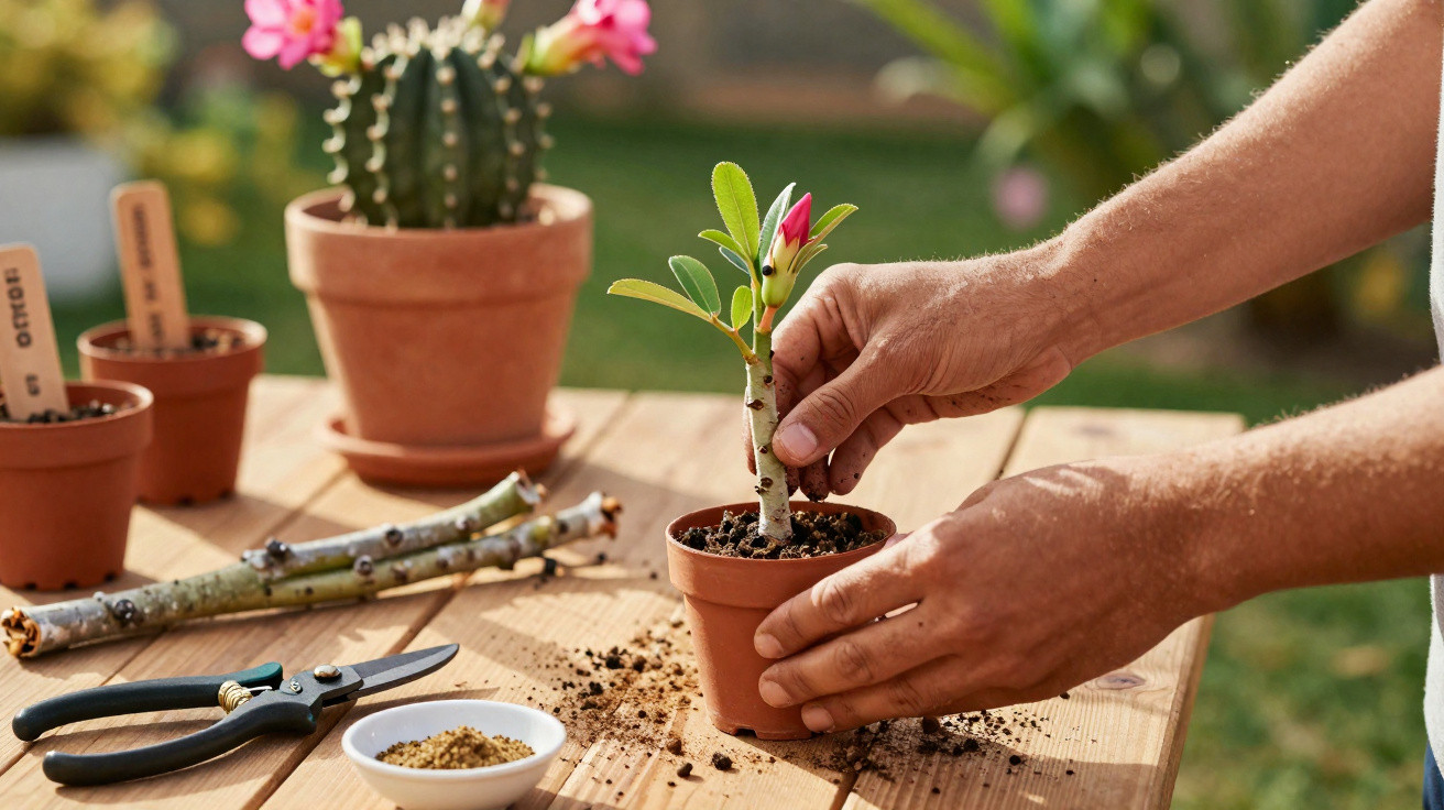 Mãos plantando muda de flor em vaso de barro sobre mesa de madeira com ferramentas de jardinagem.