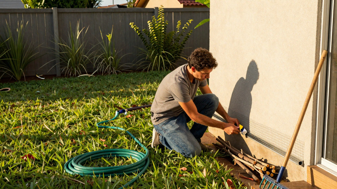 Homem ajoelhado pintando a base externa de uma parede branca no jardim de uma casa.