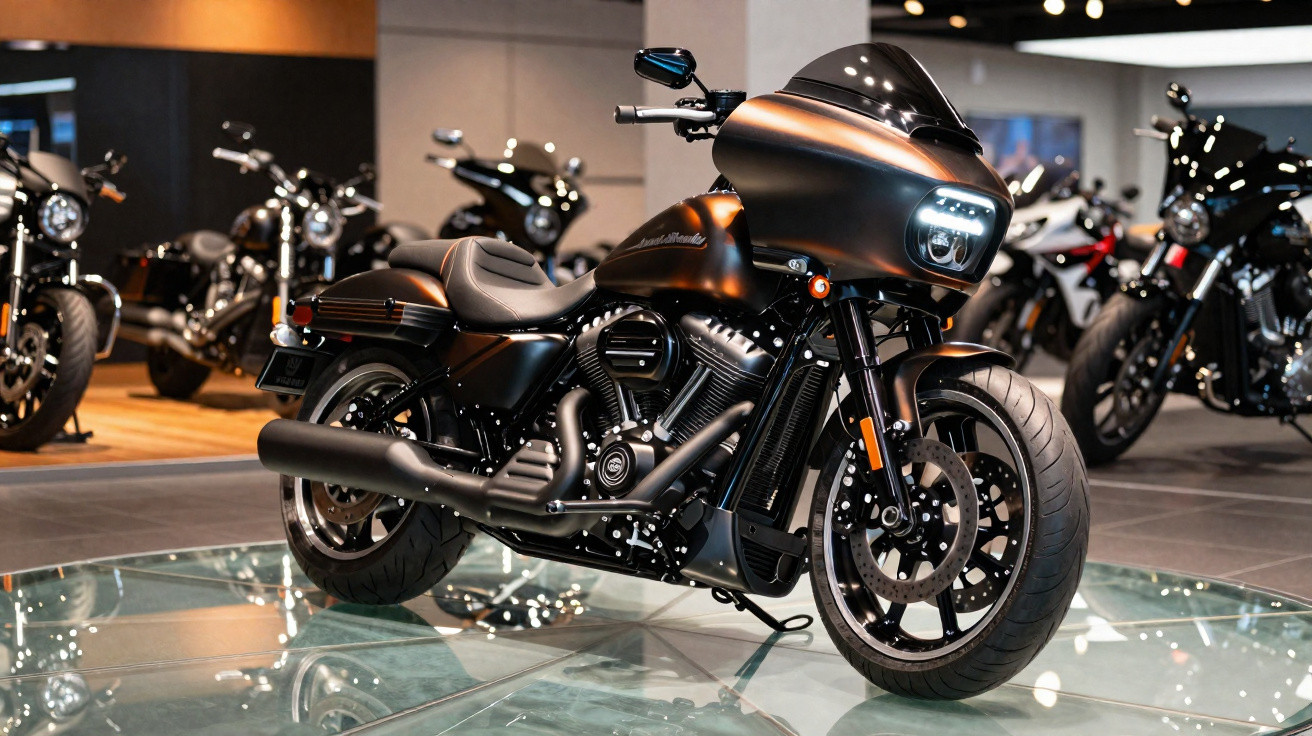 Moto preta elegante em exposição em showroom com iluminação moderna e outras motos ao fundo.