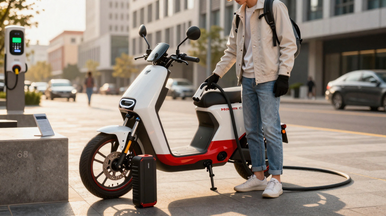 Pessoa abastecendo scooter elétrica Honda em ponto de recarga urbano ao entardecer.